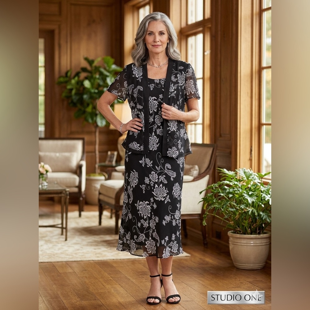 Studio One Black Floral Lace Midi Skirt Set